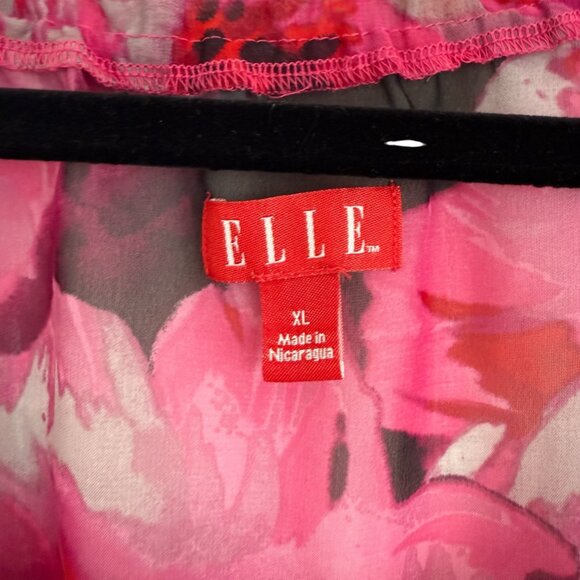 Elle‎ Sheer Pink Floral Blouse Ruffle Neck Maximalist Floral Size XL - Picture 5 of 9